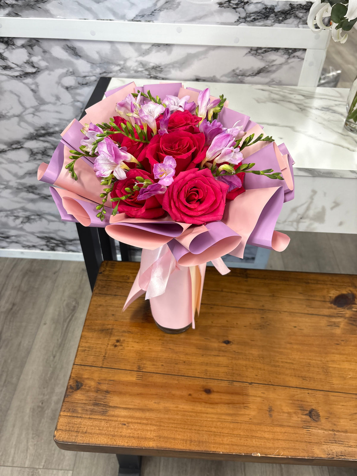 Freesia rose romance bouquet